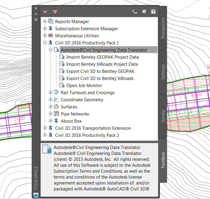 The Autodesk Civil Engineering Data Translator is included in AutoCAD Civil 3D 2016 Productivity Pack 1.