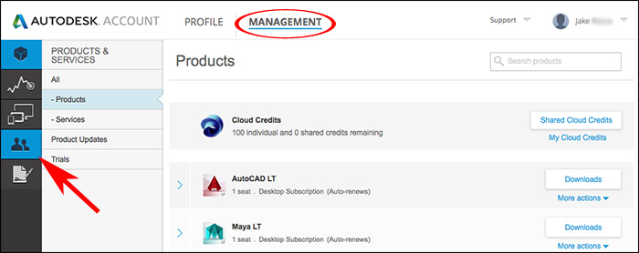 Image of Autodesk Account showing User Management access options