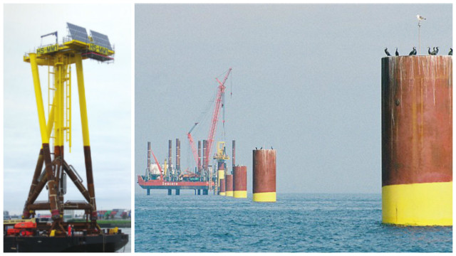 The image on the left shows the “Twisted Jacket” steel design. On the right, typical monopole concrete foundations for offshore barges. (Images courtesy of Keystone Engineering and seacore.)