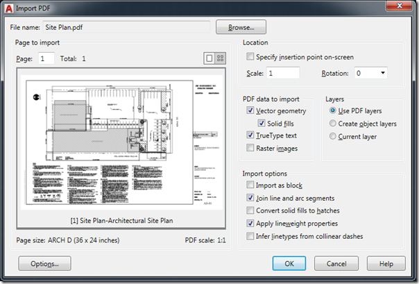 Import PDF Dialog in AutoCAD 2017