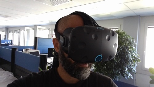 Trying out the fit of the HTC Vive