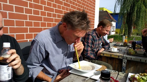 Jeremy attacking his soup in a typically non-traditional way