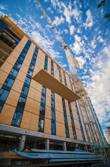 The exterior of Brock Commons, nearing the end of construction. (Image courtesy of Seagate Structures.)