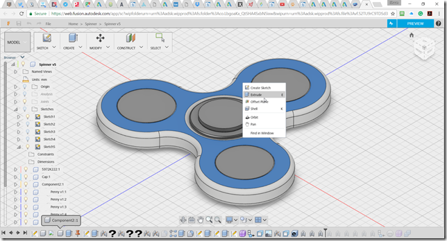 Fidget pinner design in Fusion 360 in the browser