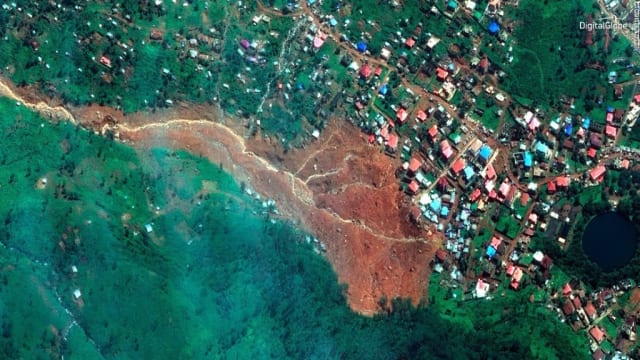 Satellite image of mudslide area in Freetown, Sierra Leone, from DigitalGlobe.