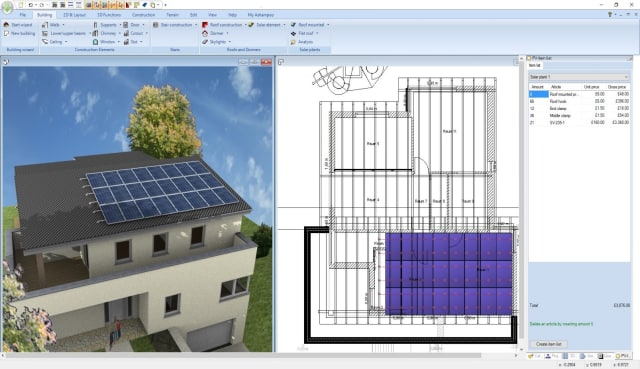 The addition of roof-mounted solar panels is one of the new features of Home Designer Pro 4. Users can also simultaneously view floor plans and 3D renders while designing buildings. (Image courtesy of Ashampoo.)