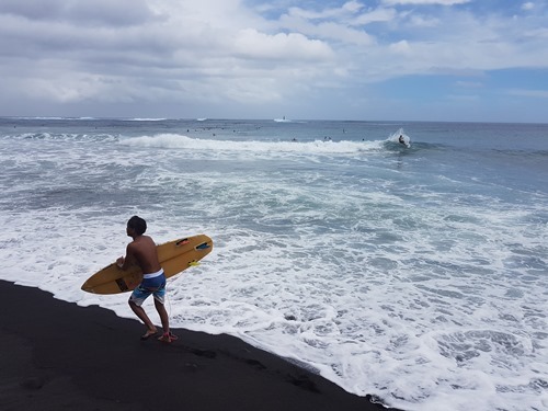 Surfers in and out of the sea