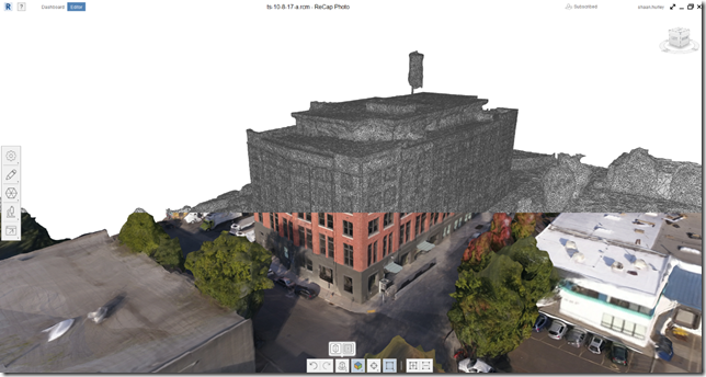 ReCap Photo model generated from 279 photos of a building being renovated. I split the screen capture to show the textured as well as the mesh display.