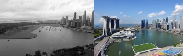 Figure 1. Reclaimed land (left) before construction of the MBS resort (right). (Image courtesy of MarinaBaySands.com.)