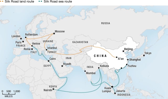 All roads lead to China. This map details major stops along the “New Silk Road”, the popular name for China's Belt Road Initiative, an infrastructure project without equal. The map includes roads, rail and sea lanes.The routes are meant to ease the transport of goods produced in China. The dotted lines are simplifications of multiple parallel routes (Image courtesy of NPR.)