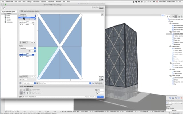 The new Curtain Wall tool, open over top of a 3D model. The pattern in the tool can be repeated across the building, making it effective for large-scale pattern work. (Image courtesy of GRAPHISOFT.)