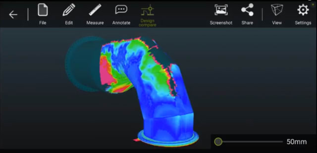 The two pipe models aligned. Color-coding shows the areas of greatest difference between the pointcloud and the CAD models. (Image courtesy of DotProduct.)