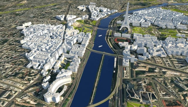 The city of Paris modeled in InfraWorks. Large-scale urban planning has typically been reserved for GIS rather than BIM, but the recent connection between InfraWorks and ArcGIS has made it far more feasible. (Image courtesy of Autodesk.)