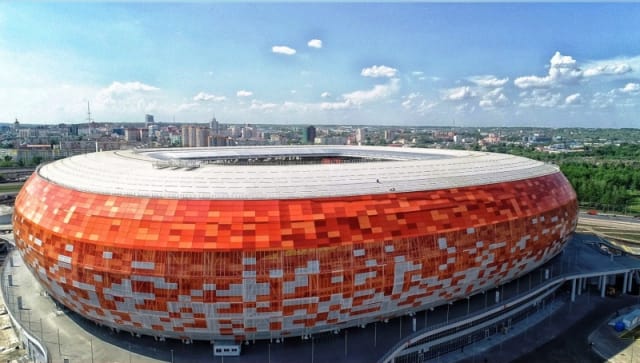 Saransk’s Mordovia Arena, with its shape and color scheme based on the Republic of Mordovia’s image of a setting sun, was one of the stadiums built with Tekla Structures. (Image courtesy of StadiumDB.)