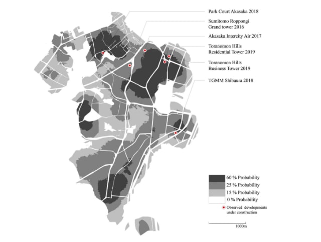 Created by a growth algorithm, this map shows the probability that a new high-rise building will be constructed in the area within the next several years. (Image courtesy of Pazos et al., 2018.)