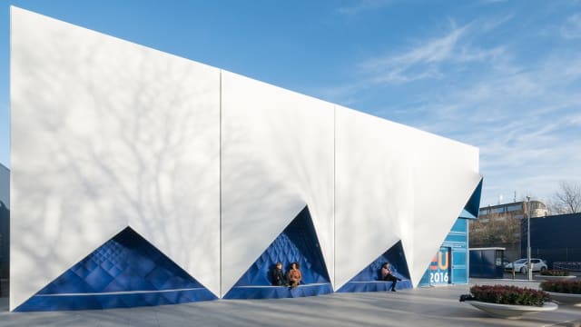 3D-printed façade created by DUS Architects for the temporary Europe Building for the EU. (Image courtesy of DUS Architects.)