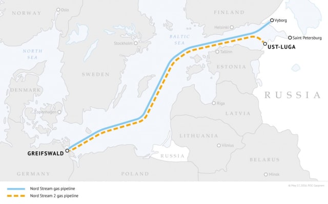 Nord Stream 2 (in orange) follows approximately the same route as the original Nord Stream (in blue). (Image courtesy of Gazprom.)