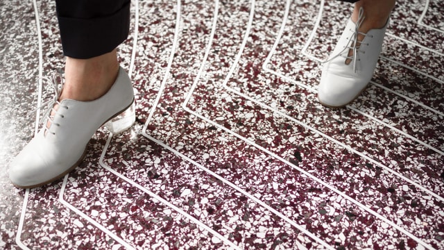 Flooring made by Aectual, 3D printed with a bioplastic and filled with a terrazzo of recycled granite or marble. (Image courtesy of Aectual.)