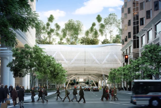 The Transbay Transit Center, completed in August 2018, spans two major roadways. One of those spans was shut down after cracks were found in both of the span’s supporting beams. (Image courtesy of Transbay.)