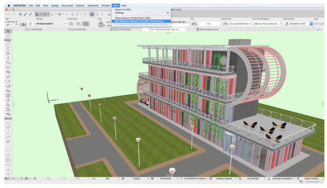In Solibri, components that are highlighted to show that they’re in need of repairs are also automatically highlighted on the ARCHICAD model. (Image courtesy of Solibri.)