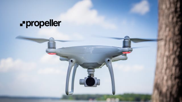 A DJI Phantom 4 Drone using Propeller’s new PPK Solution, which allows it to survey up to 1km away from any ground control points with an accuracy of approximately one inch. (Image courtesy of Propeller.)