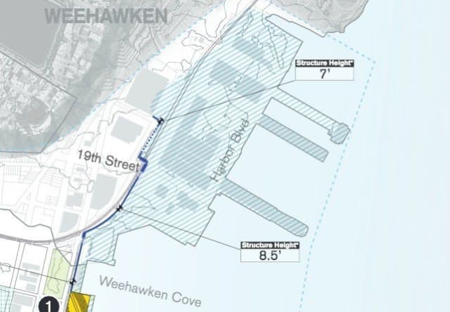 Part of the new Hoboken flood-proofing plan is a 7-to 8-foot-tall barrier protecting Weehawken Cove. 