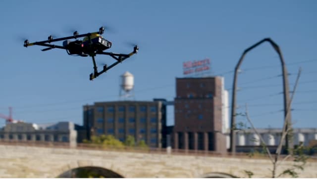 The Intel Falcon 8+ drone surveys Minneapolis’ Stone Arch Bridge. (Image courtesy of Intel.)