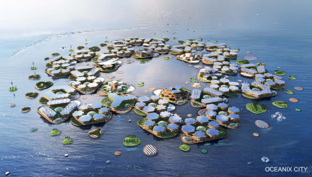 Oceanix City is the newest generation of “seasteads”: cities built for life on water. But can the city shed seasteading’s difficult past? (Image courtesy of Oceanix.)