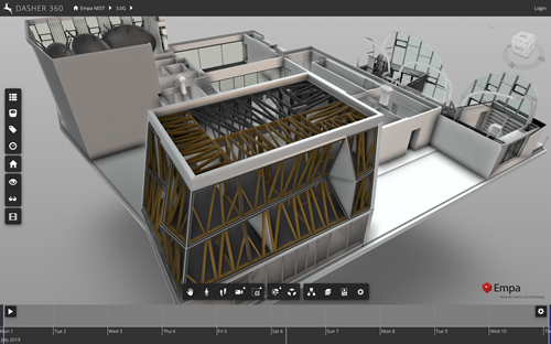 Looking at the wooden frame of the DFAB House