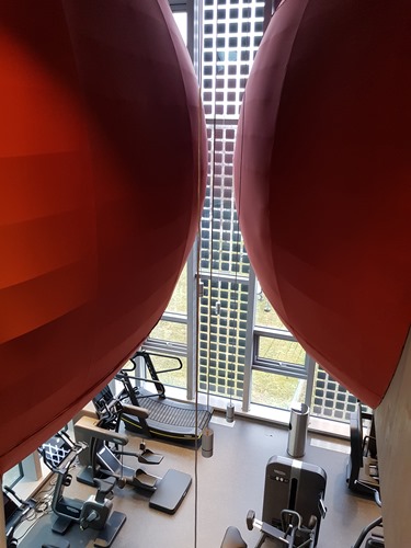 The saunas dangling over the fitness area