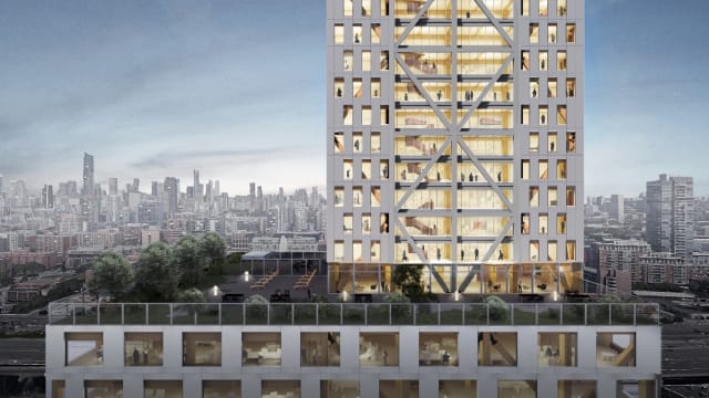 Look closely—it’s made of wood. Exterior rendering of office and residential levels of Proto-Model X, Sidewalk Labs’ model of a timber frame destined for the Toronto waterfront. (Image courtesy of Michael Green Architecture and Gensler.)