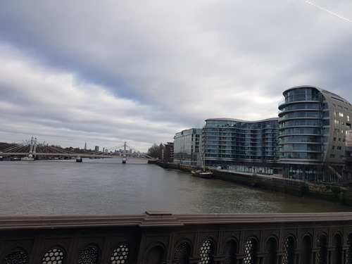 On the bus, heading across Battersea bridge