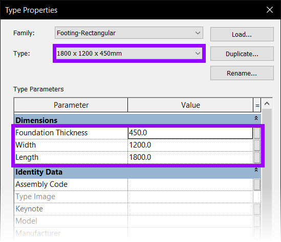 Revit Foundation Type Properties