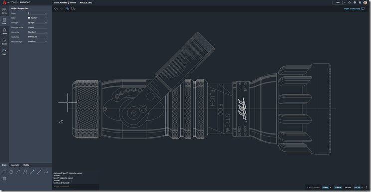 AutoCAD Web App with AutoCAD 1983 Sample Drawing Nozzle.DWG