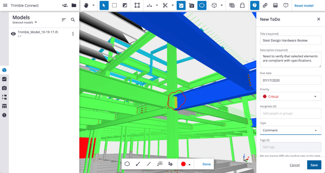 Mark up a 3D model and share it with the team using Trimble Connect. (Image courtesy of Trimble.)