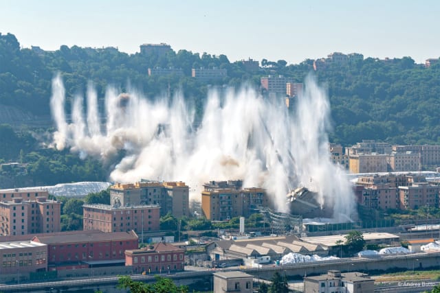 Demotion of the damaged Morandi Bridge, in Genoa. A section of the bridge suddenly gave way Aug. 14, 2018, killing 43 people. (Image courtesy of RINA.)