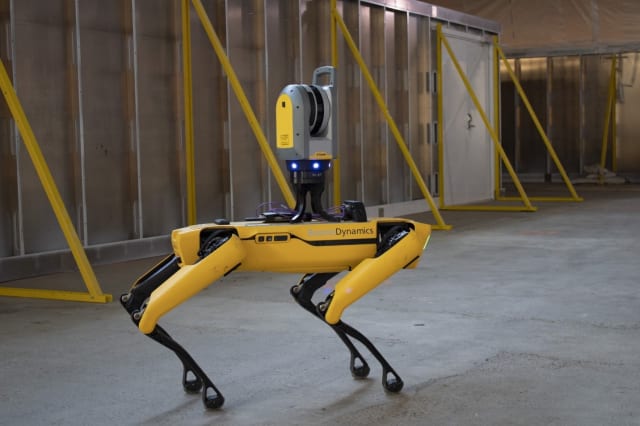 Boston Dynamics Spot with a Trimble laser scanner used to measure as-built Denver airport terminal. (Picture courtesy of Trimble)