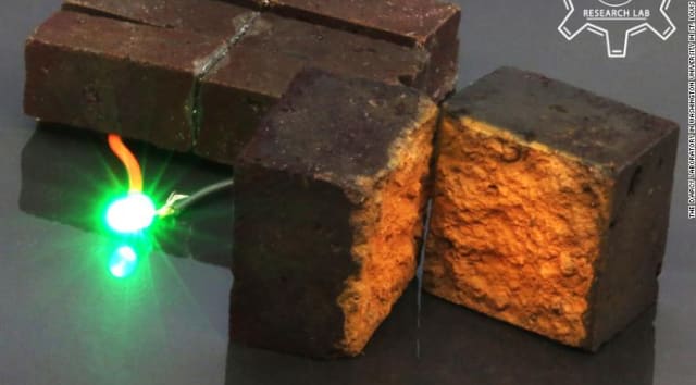 Researchers at Washington University in St. Louis transformed a conventional brick into an energy storage device that can power an LED light. (Image courtesy of Washington University/D’Arcy Research Lab.)